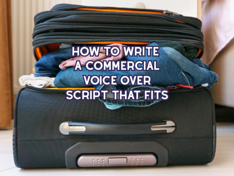 Too many clothes being jammed into a suitcase with the title "How to write a commercial voice over script that fits" over it.