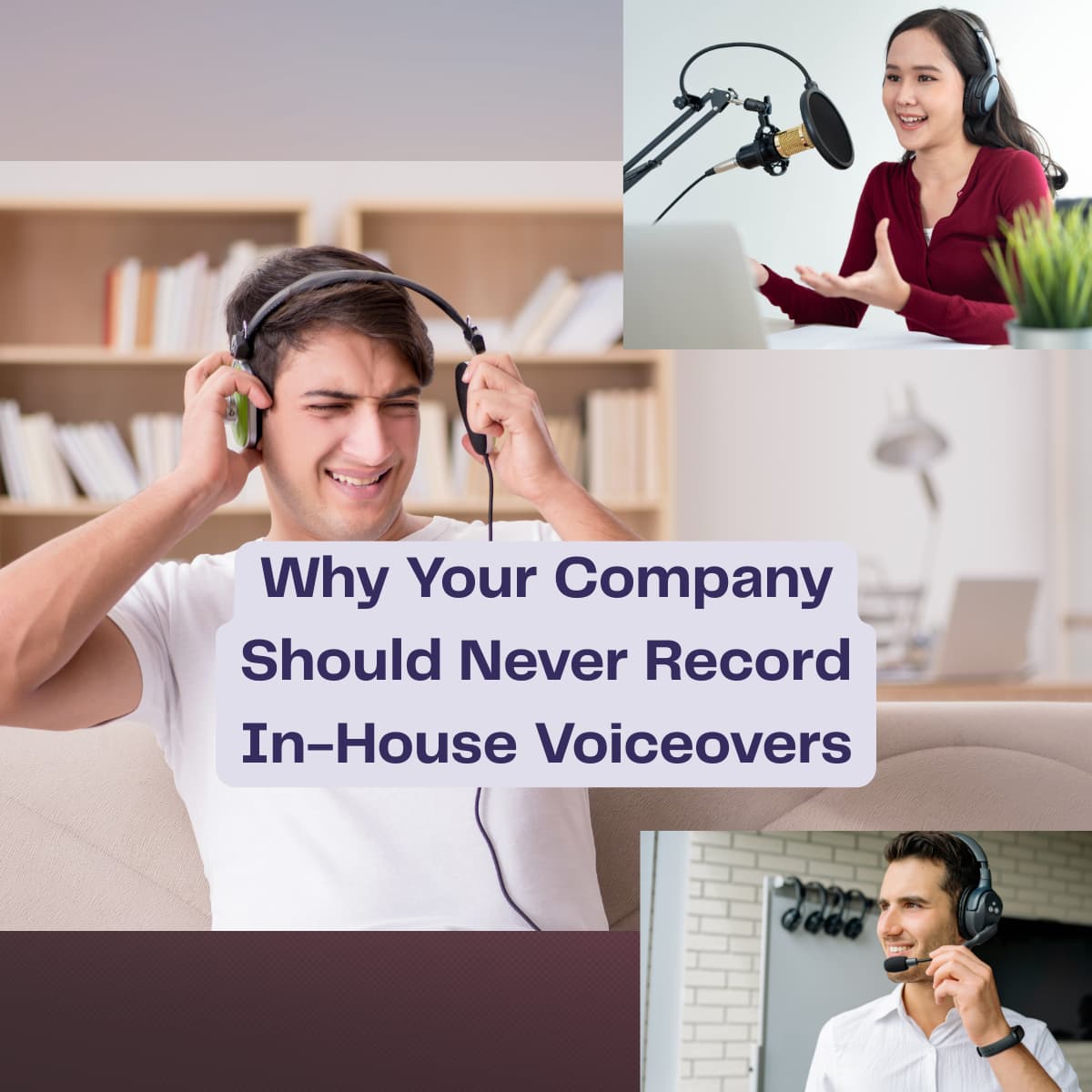 A man with headphones reacting negatively to people trying to record company in-house voiceovers